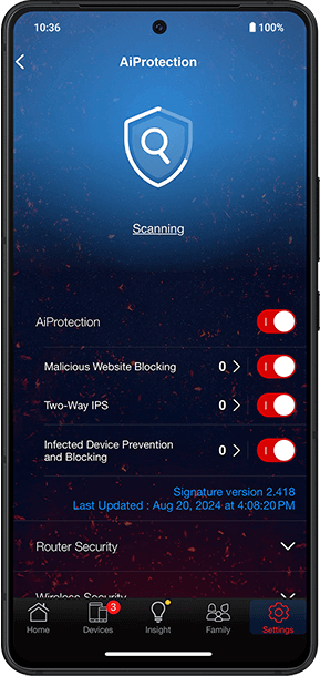 The smartphone screens display detailed AiProtection features.