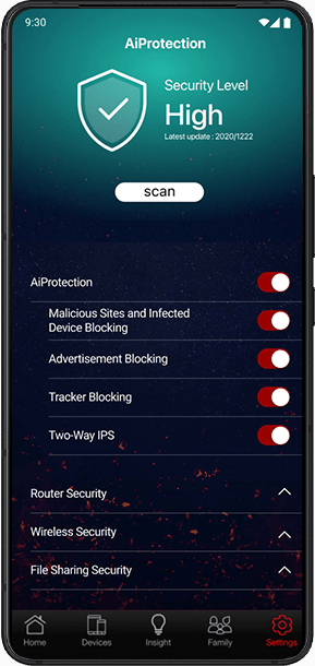 The smartphone screens display the ASUS AiProtection security app an overall security status of High.