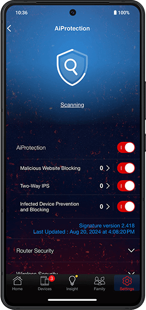 The smartphone screens display detailed AiProtection features.