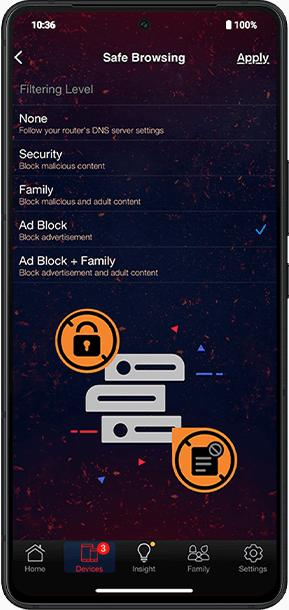 The smartphone screens display Safe Browsing settings with different filtering levels.