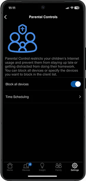 Smartphone screen displays the Parental Controls app with options to block all devices or set time scheduling.