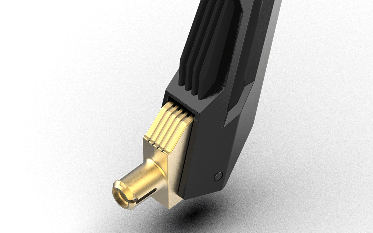 ROG router antenna base with gold metallic finish and textured detailing.