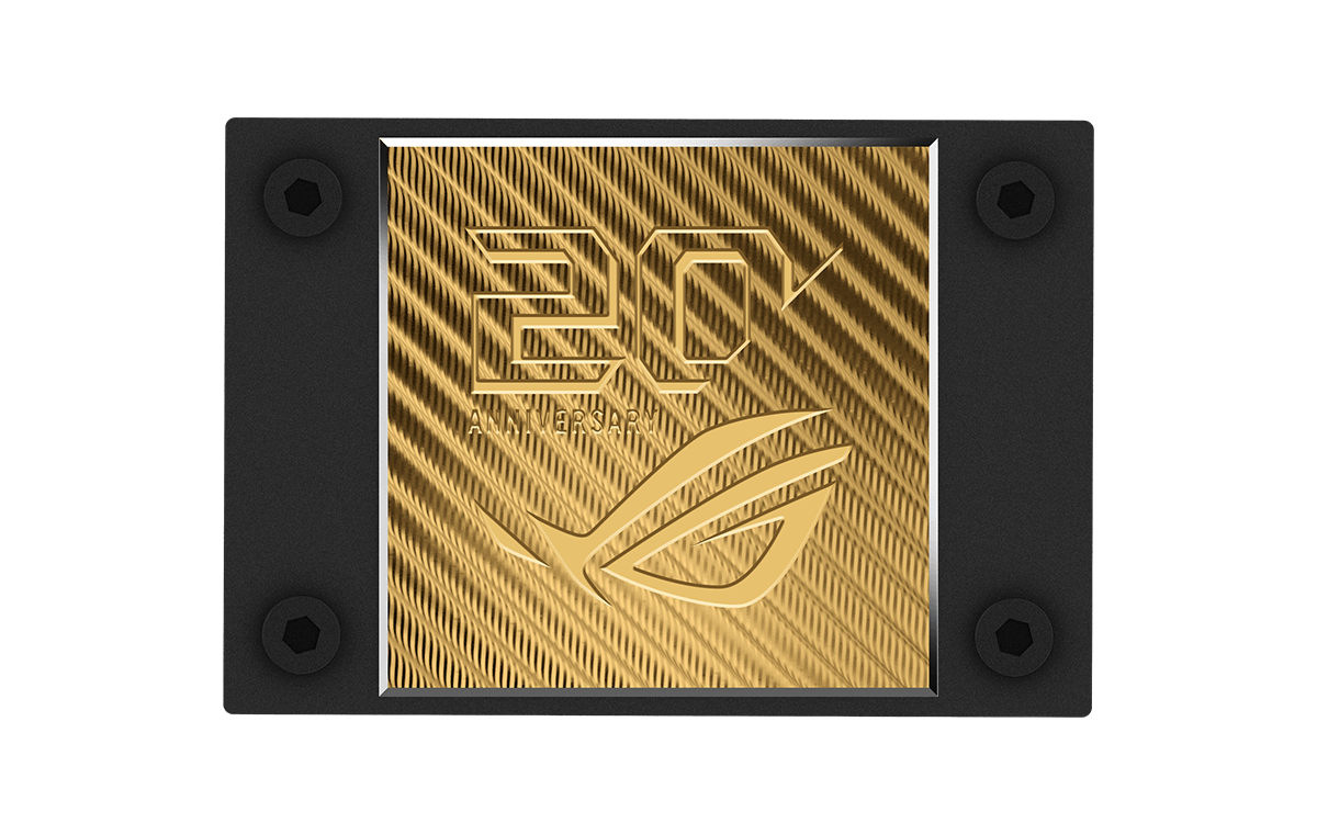ROG 20th anniversary badge with gold aluminum finish and engraved logo detailing.