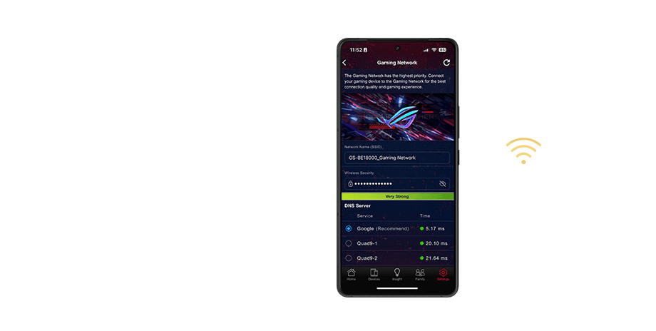 Smartphone displays 'Gaming Network' settings for a smart home, with a 'One-tap SSID Connection' feature and gaming icons.