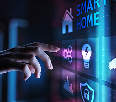 Hand pointing at digital smart home interface icons including light bulb, security camera, and shield.