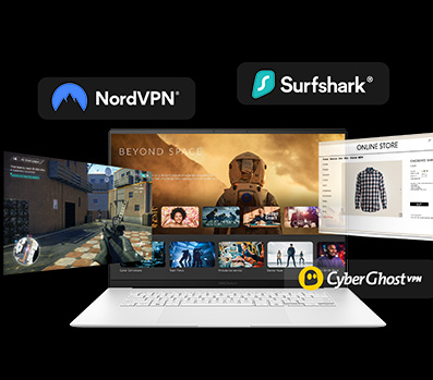 Laptop screen showing multiple streaming services and VPN provider logos including NordVPN, Surfshark, and CyberGhost.