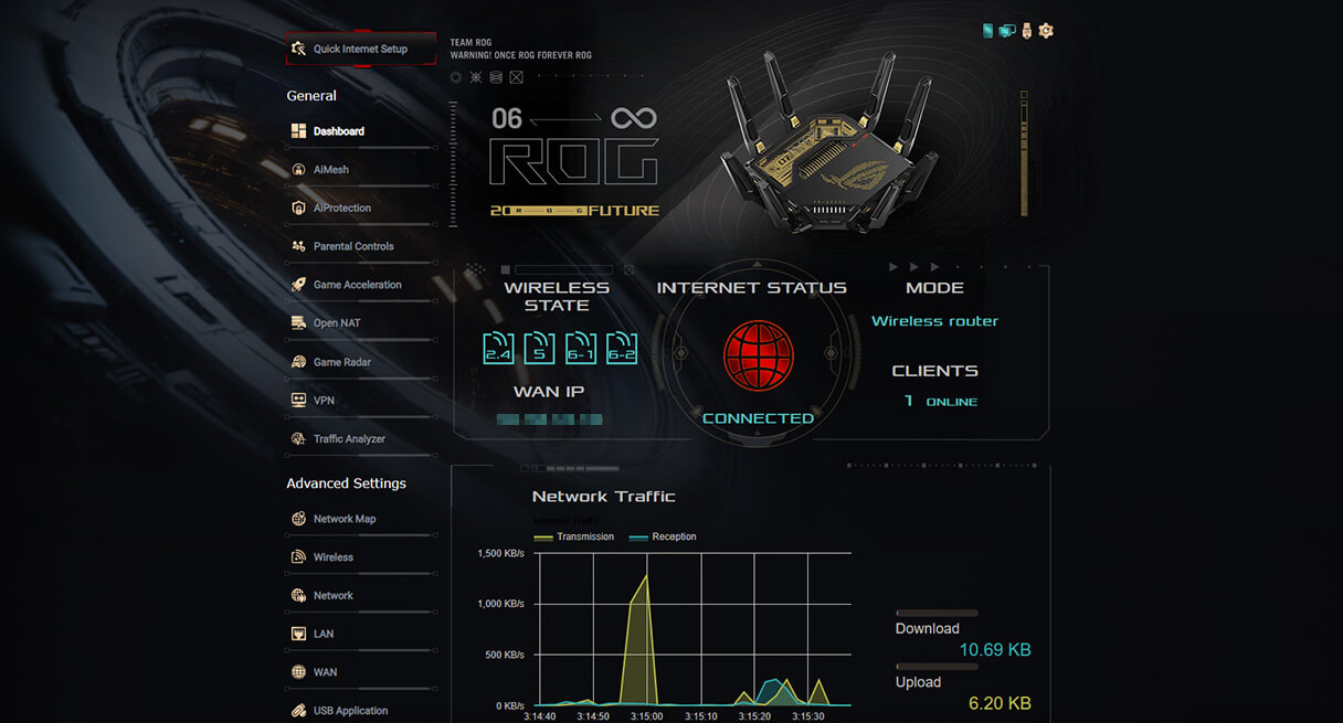 ROG router web interface with custom 20th anniversary theme and network status dashboard.