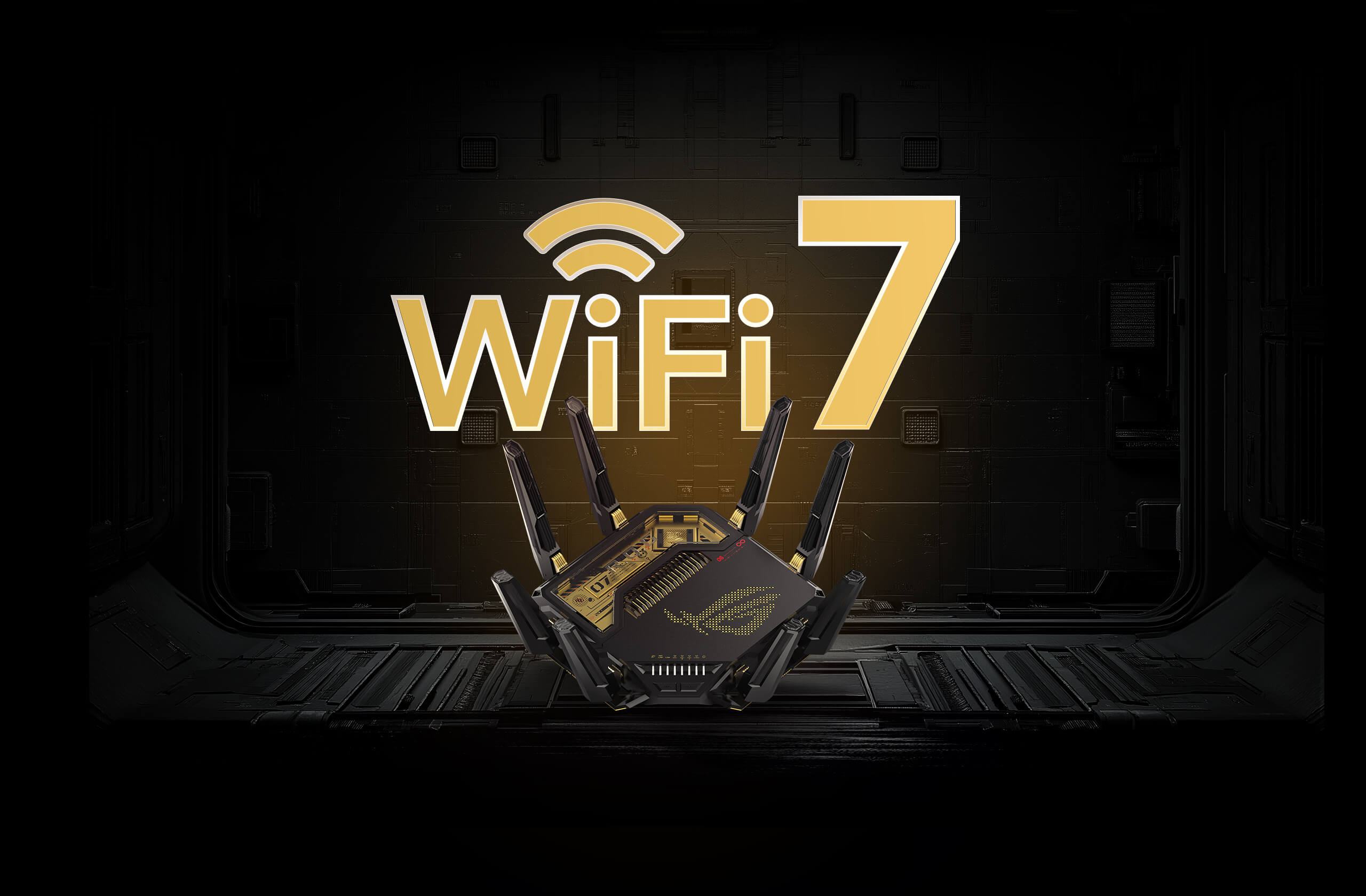 ROG Rapture GT-BE98 Edition 20 gaming router with multiple antennas and WiFi 7 branding in gold theme.