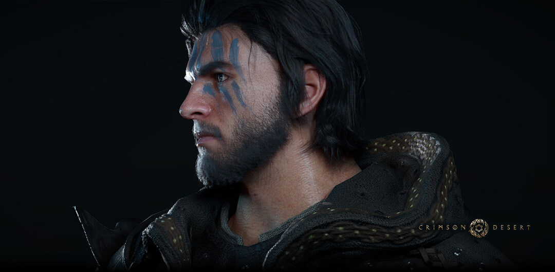 Lower down, a character from the game “Crimson Desert” is displayed, wearing a tunic and blue face paint.
