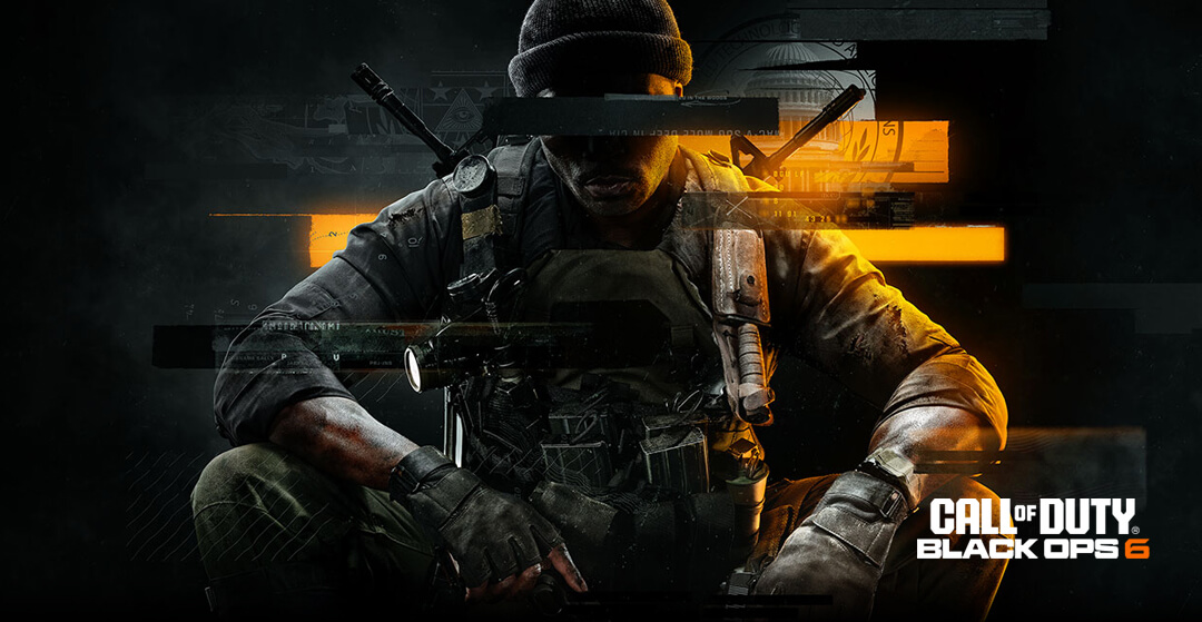 Lower down, a character from the game “Call of Duty Black Ops 6” is displayed, wearing tactical gear and holding a rifle, with an orange glow in the background.