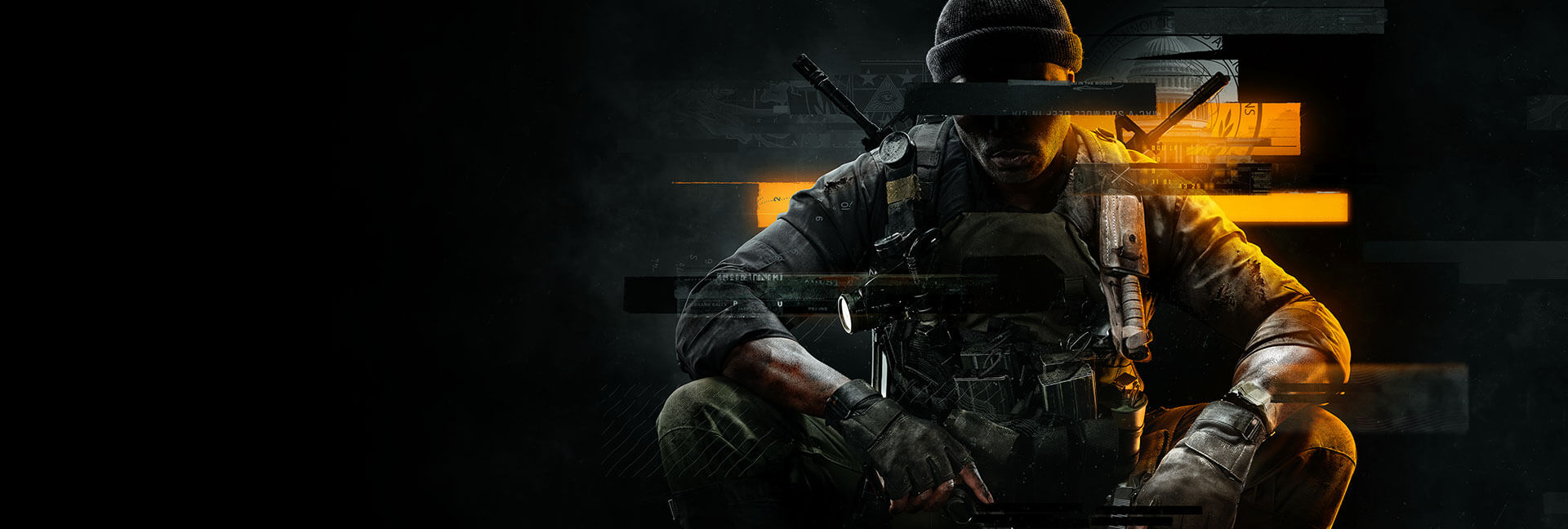 Lower down, a character from the game “Call of Duty Black Ops 6” is displayed, wearing tactical gear and holding a rifle, with an orange glow in the background.