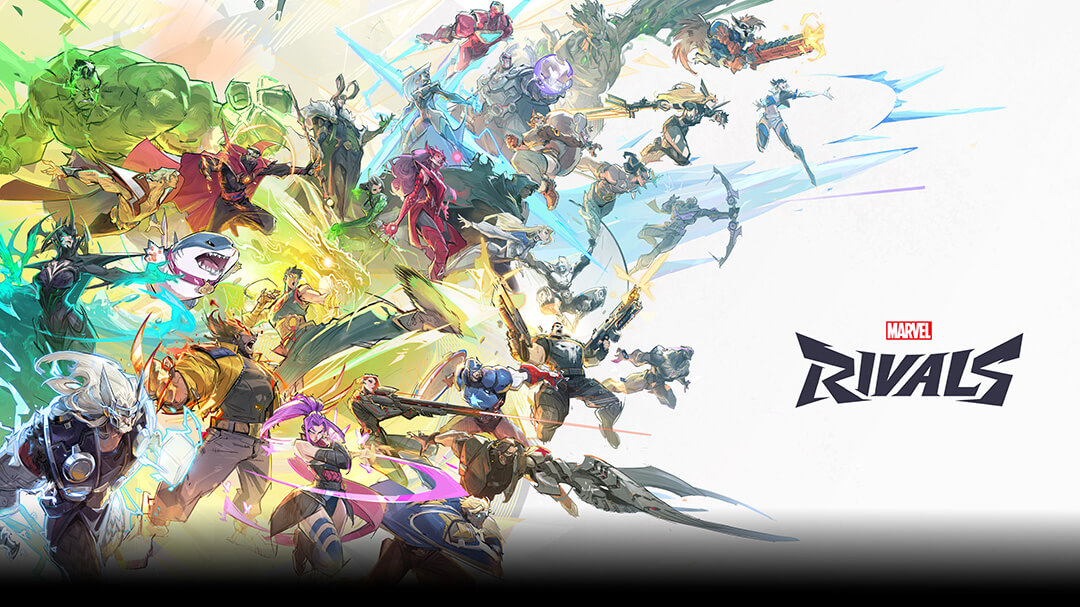 Lower down, multiple characters from the game “Marvel Rivals” are displayed, featuring superheroes and villains in dynamic action poses with vibrant energy effects.