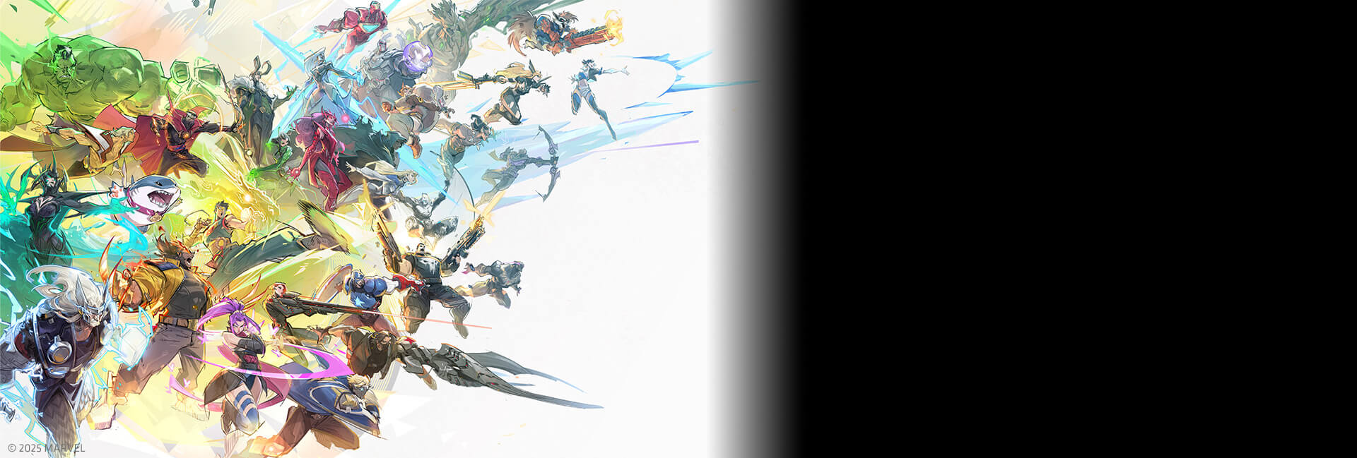 Lower down, multiple characters from the game “Marvel Rivals” are displayed, featuring superheroes and villains in dynamic action poses with vibrant energy effects.