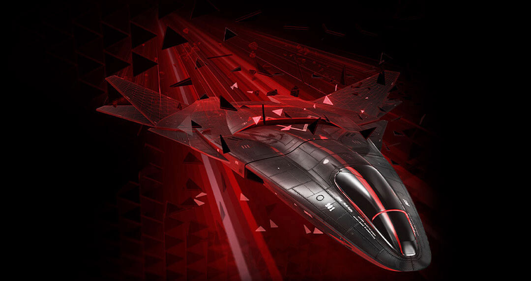 Lower down, a futuristic stealth aircraft flies through a digital red landscape, symbolizing the power of AMD FidelityFX Super Resolution technology.