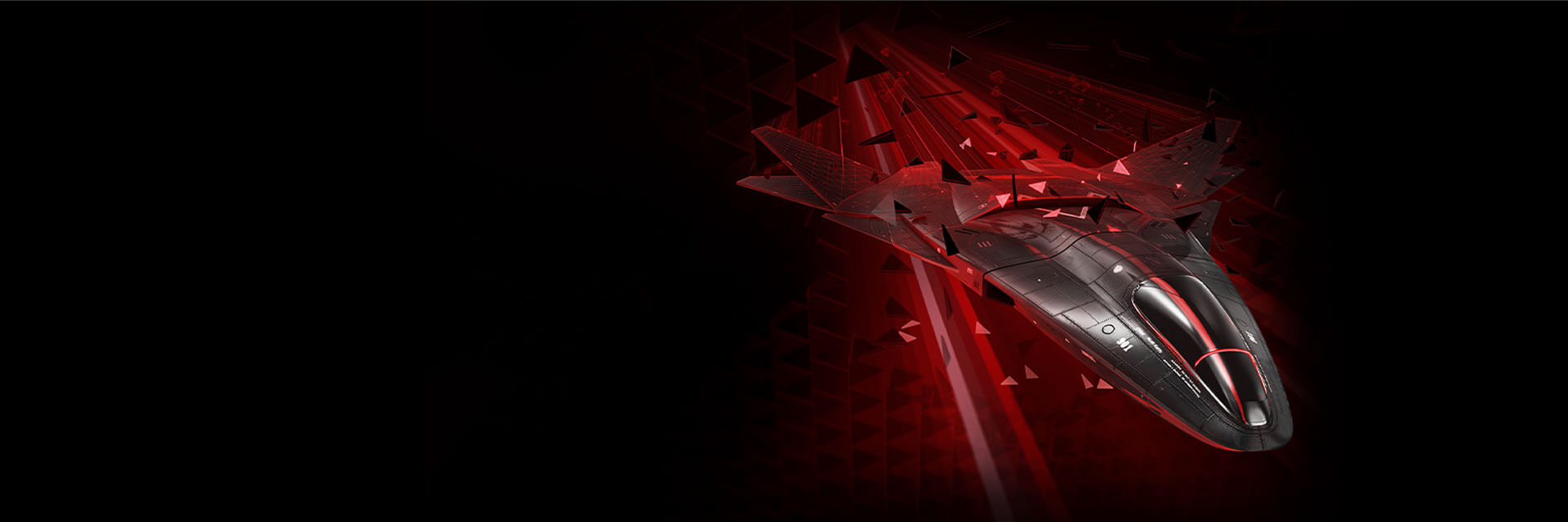 Lower down, a futuristic stealth aircraft flies through a digital red landscape, symbolizing the power of AMD FidelityFX Super Resolution technology.