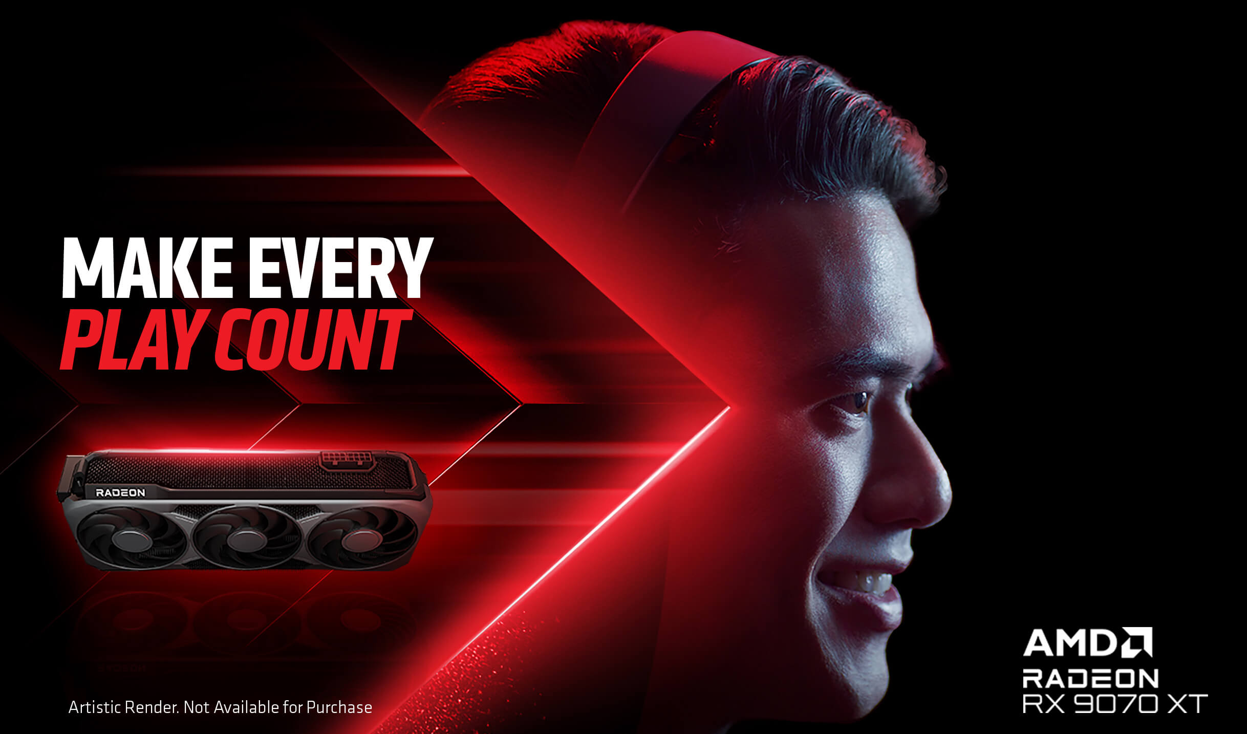 A gamers head half visible, with the back half covered by a vibrant red arrow and that section displaying an AMD Radeon GPU and the text, “Make every play count”.