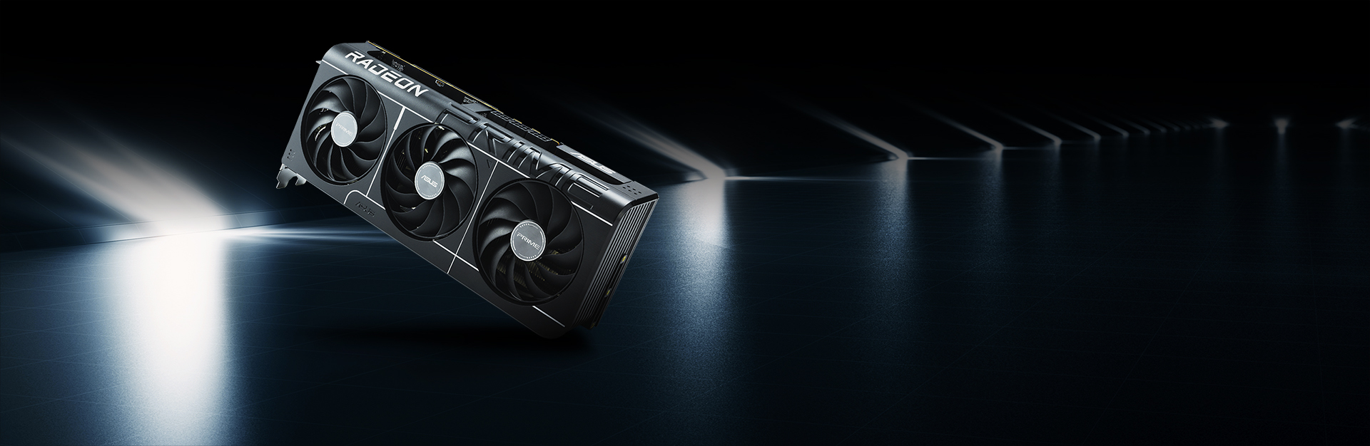 An ASUS PRIME GPU, angled on its corner and floating above a mostly grey hallway.