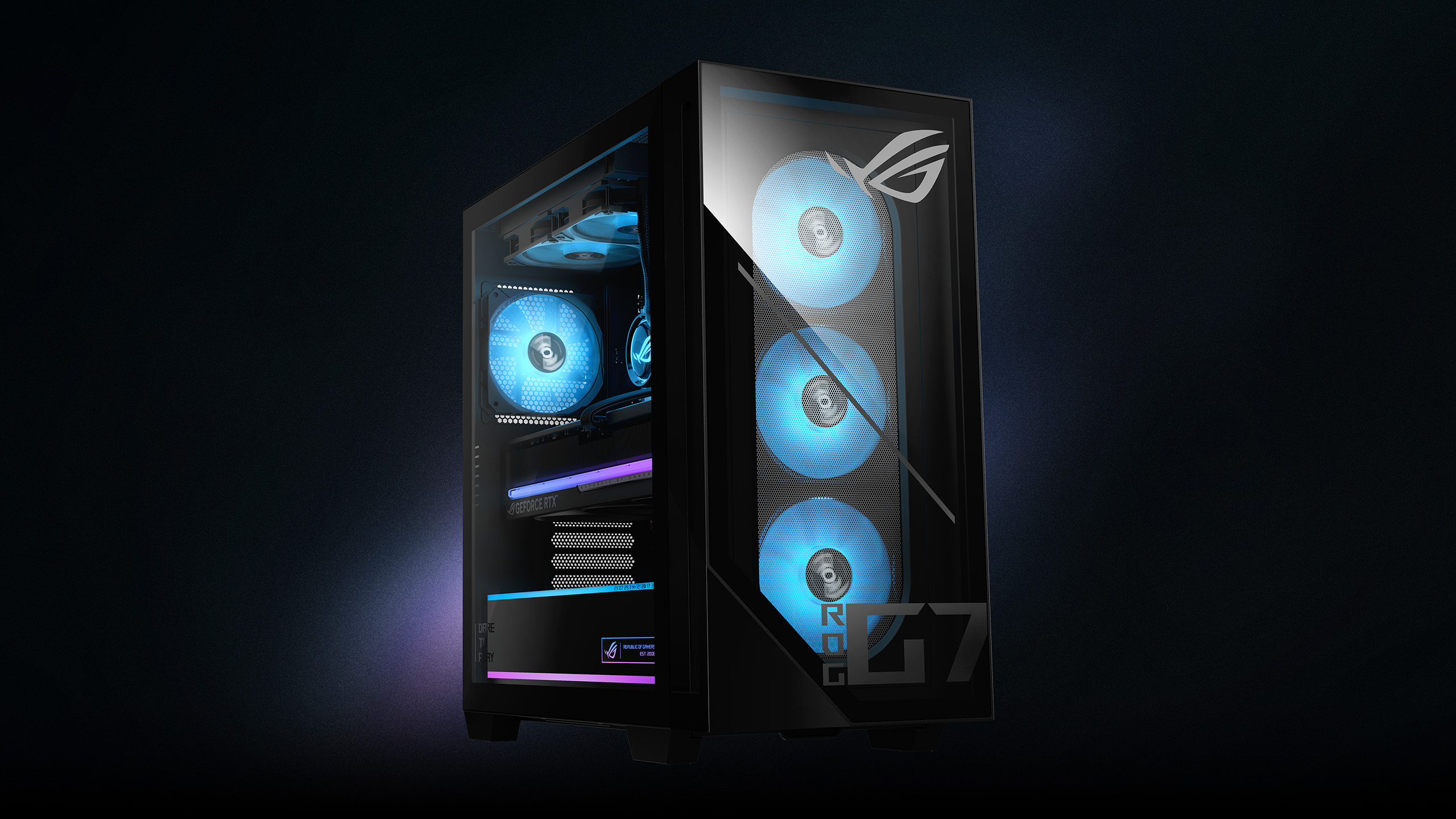 The ROG G700 desktop with all its RGB components activated.
