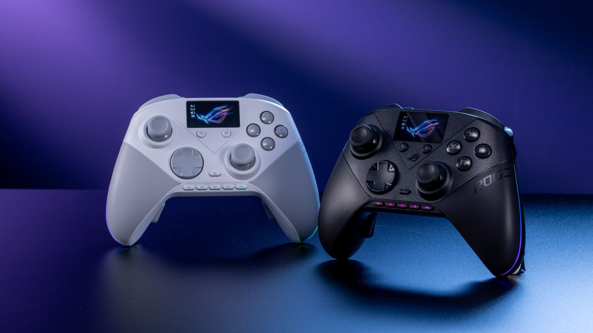 The black and white ROG Raikiri II Pro PC Controller models side by side against a purple backdrop.